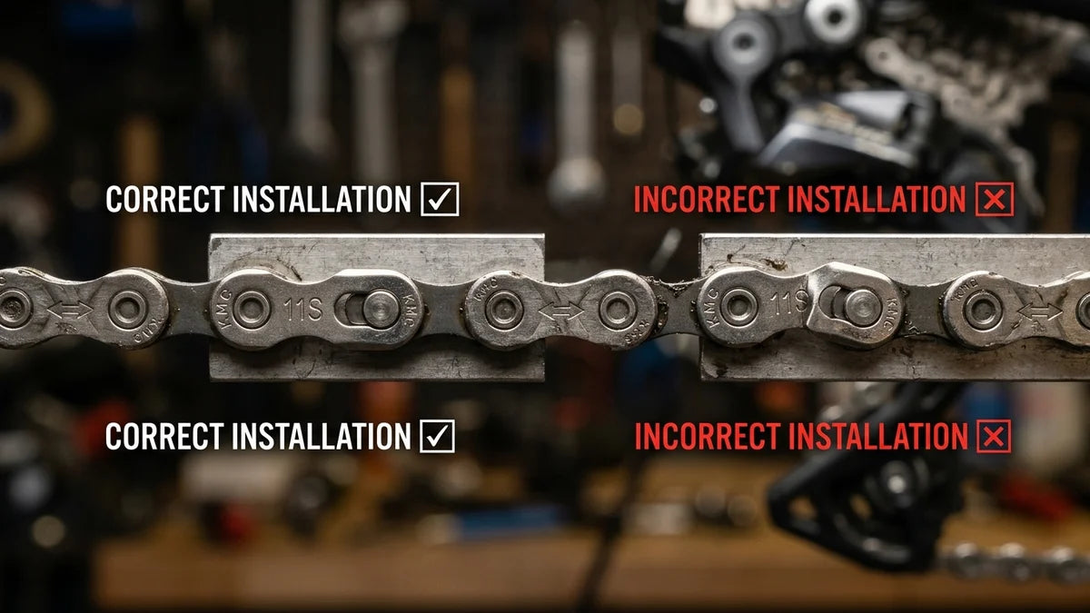 Attache rapide chaîne vélo : installation correcte vs incorrecte en gros plan