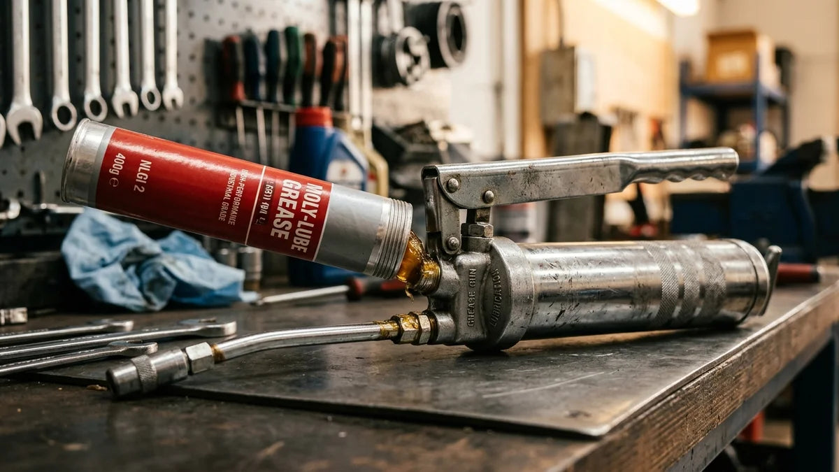 Cartouche de graisse 400g dans un pistolet graisseur sur établi industriel