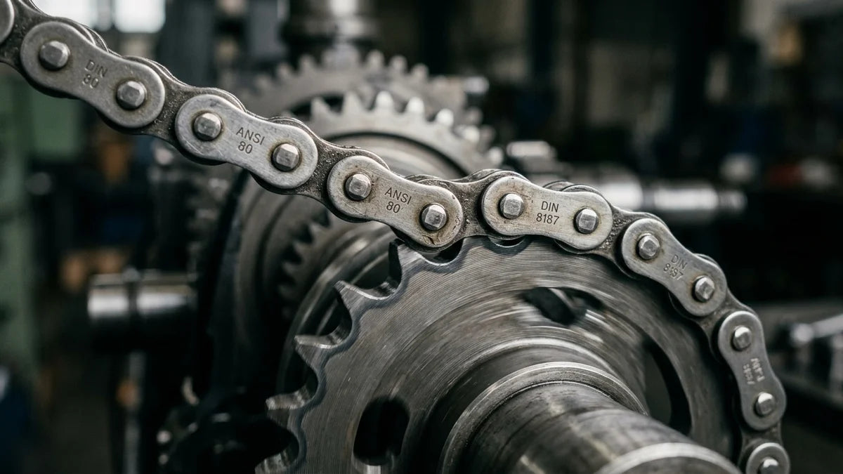 Chaîne à plaques droites industrielle en motion, engrenage précis et transmission mécanique