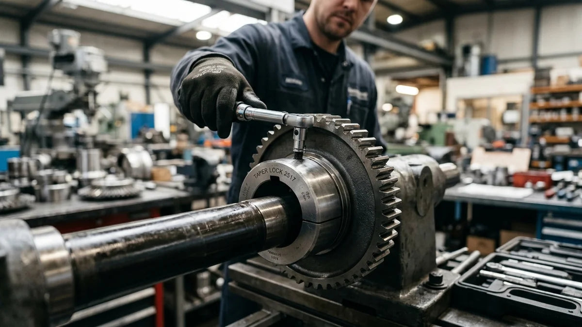 Installation précise d'un pignon industriel taper lock sur un arbre avec outils spécialisés