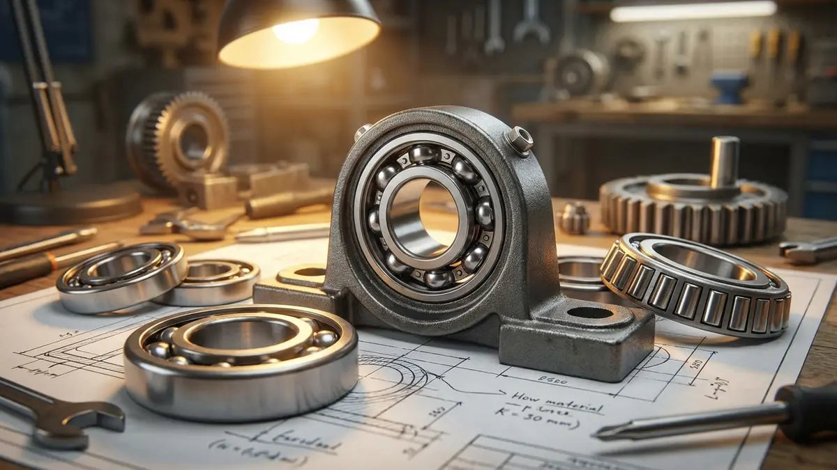 Paliers à roulement et composants d'assemblage sur plan technique, éclairage industriel professionnel