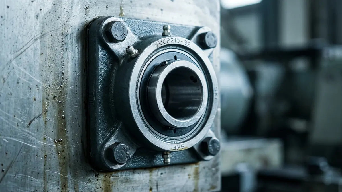 Palier applique carré 4 trous sur surface acier avec détails mécaniques précis