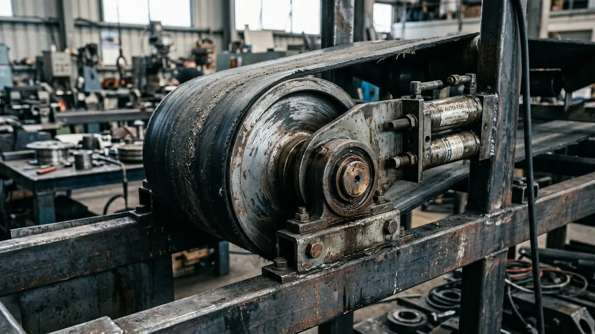 Palier tendeur usé avec signes d'usure mécanique sur cadre industriel