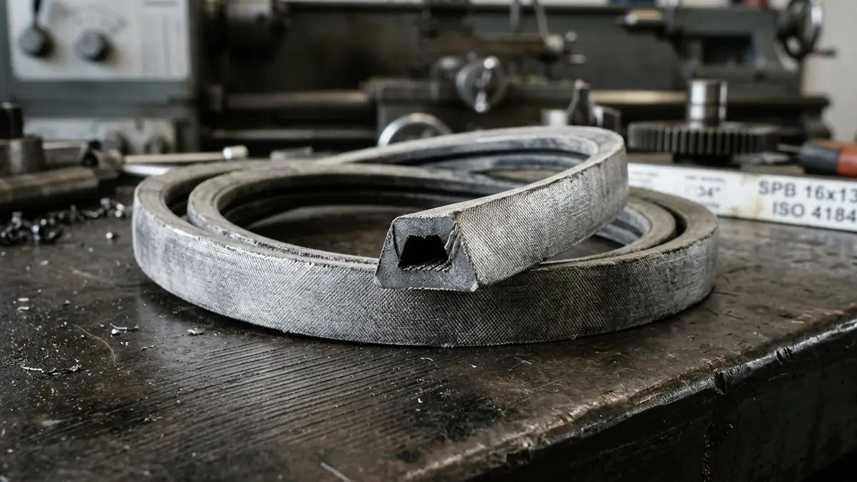 Courroie SPB 16x13mm trapézoïdale en gros plan sur surface industrielle