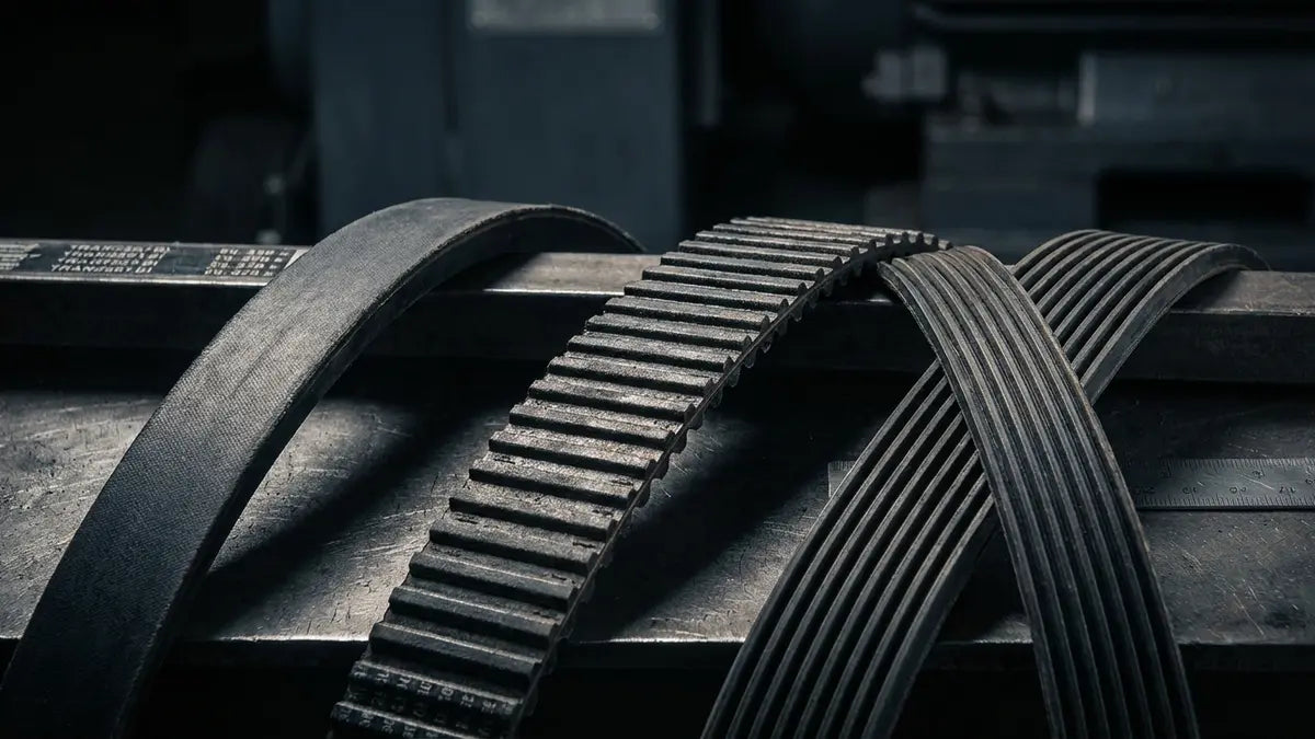 Courroies trapézoïdales lisses et crantées comparées côte à côte, gros plan technique des différentes textures et profils.