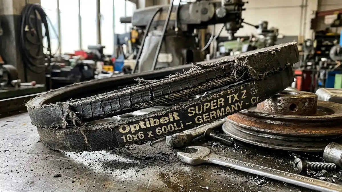 Courroie Z Optibelt 10x6mm usée montrant fissures et usure, inspection technique atelier