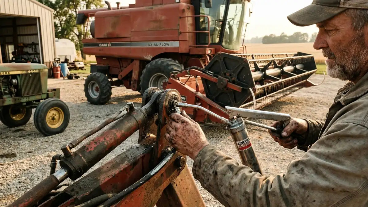 Mécanicien graissant points critiques tracteur et moissonneuse avant moisson