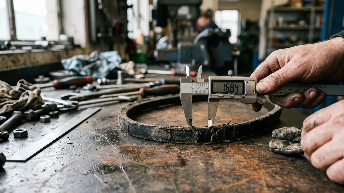 Courroie trapézoïdale usée mesurée au pied à coulisse numérique en atelier, méthode de mesure professionnelle