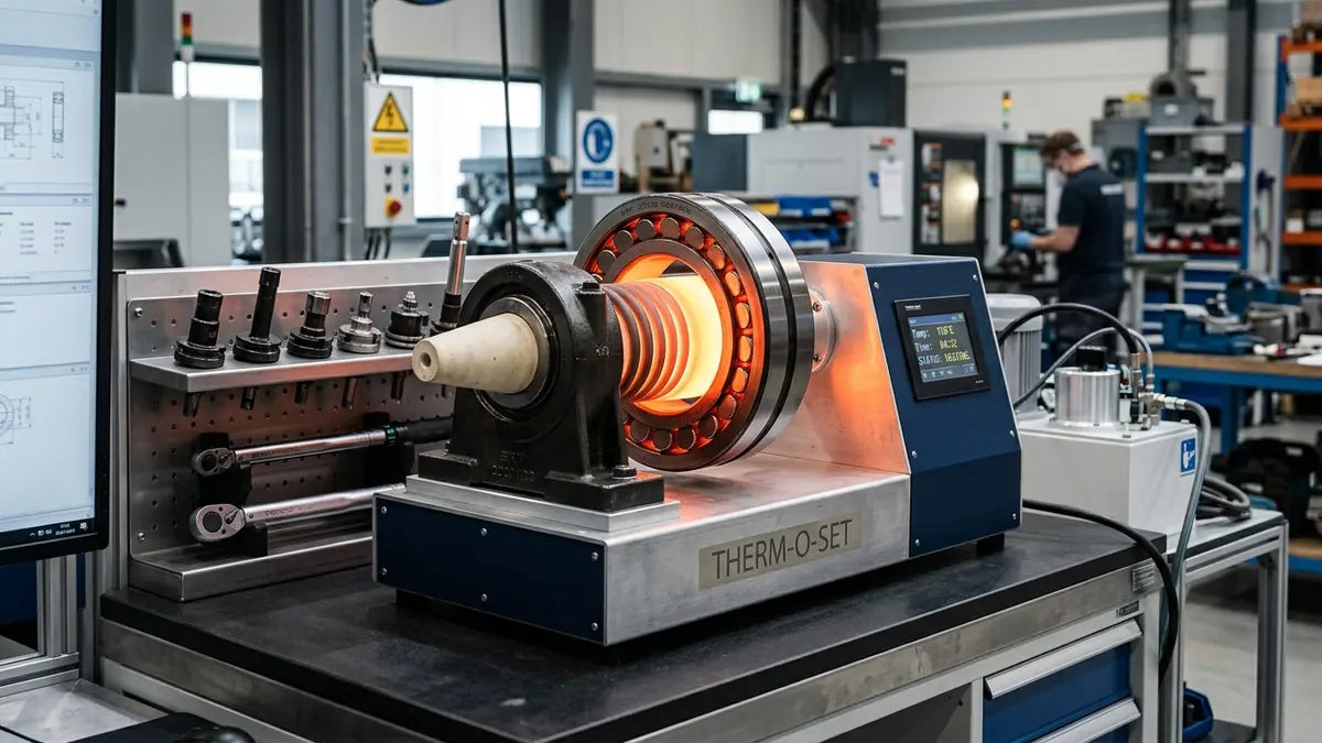 Système de chauffage par induction chauffant un roulement mécanique en atelier industriel professionnel