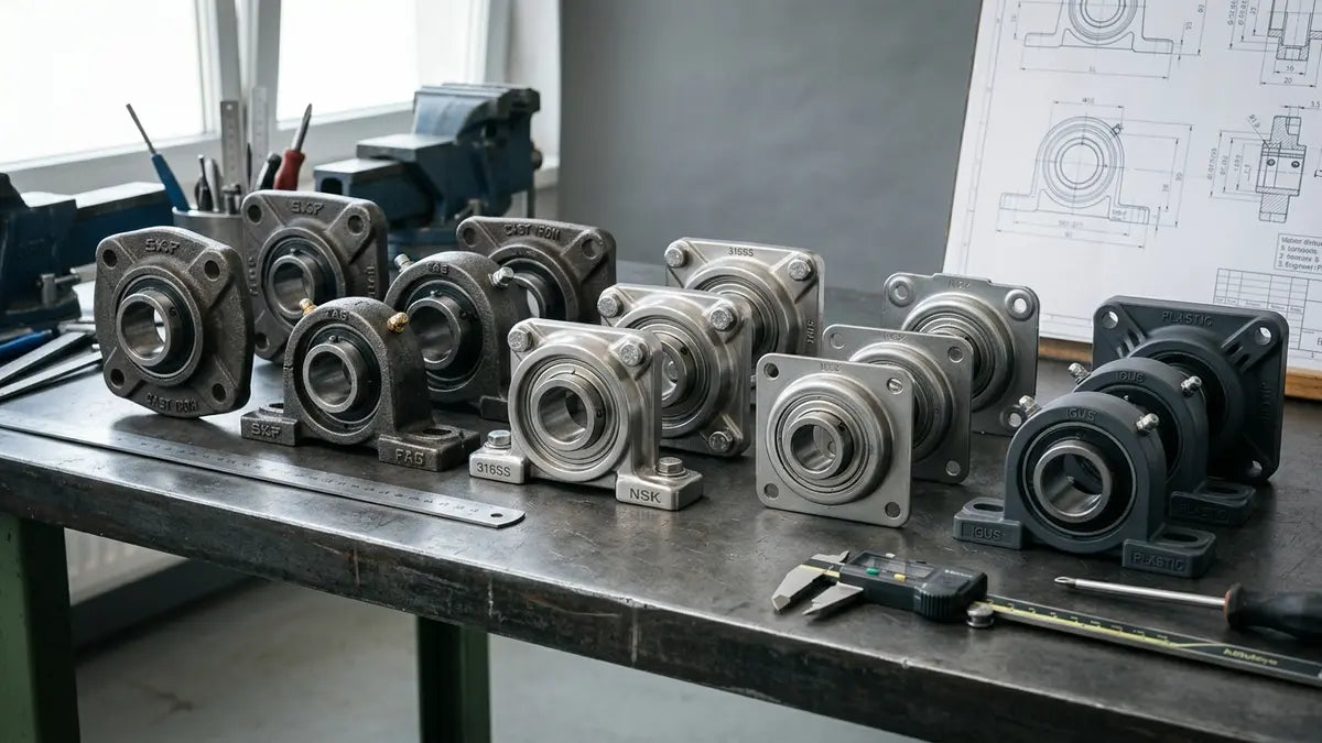 Paliers appliques en fonte, inox, tôle et plastique comparés sur établi technique professionnel