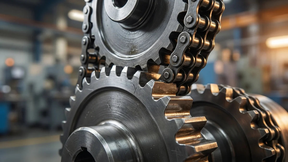 Pignons de transmission en acier engrenés avec chaîne industrielle montrant la géométrie des dents