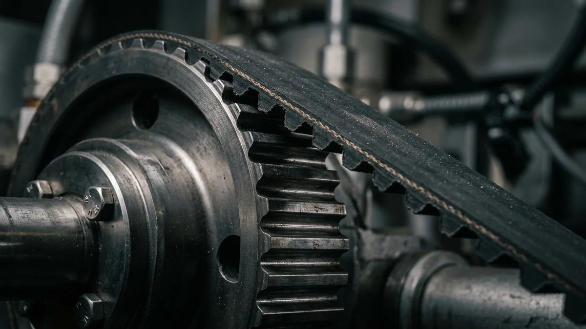 Courroie synchrone engrenant précisément sur poulies crantées, mécanisme d'entraînement en détail macro