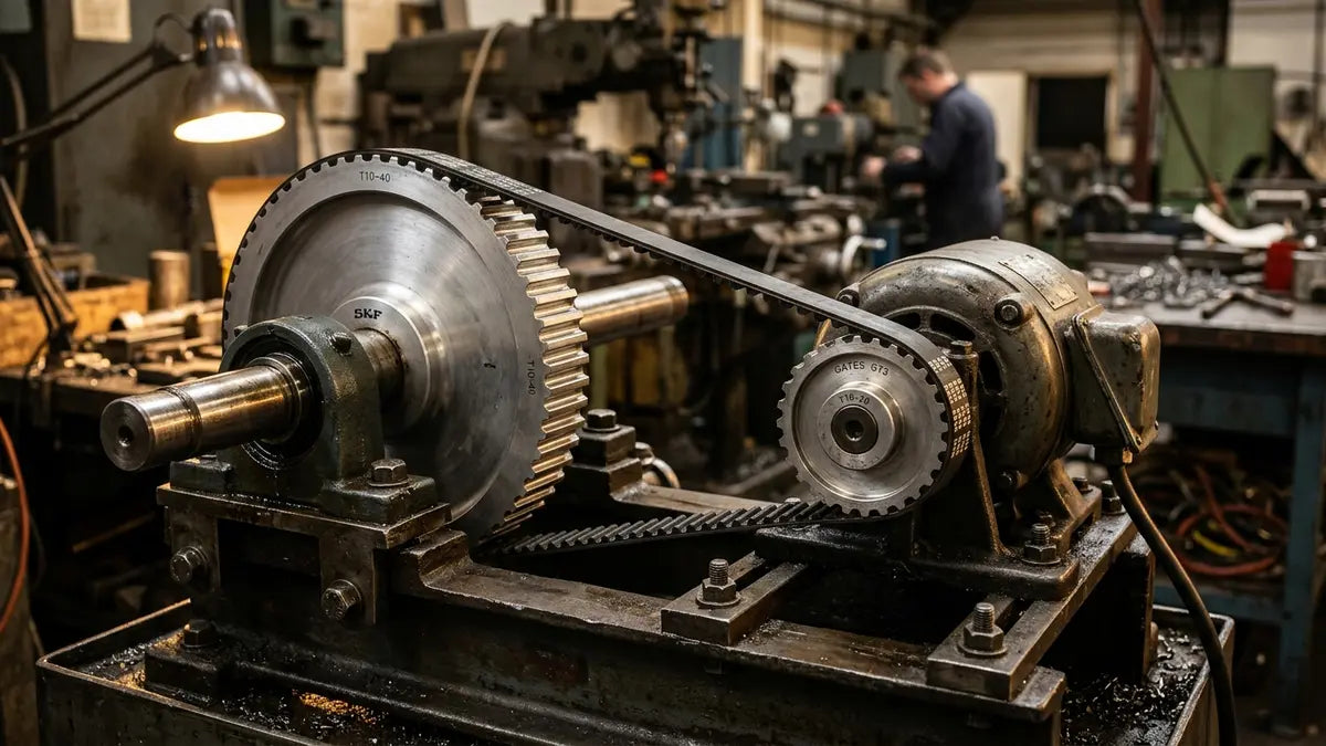 Système de transmission par courroie et poulie de précision en atelier industriel