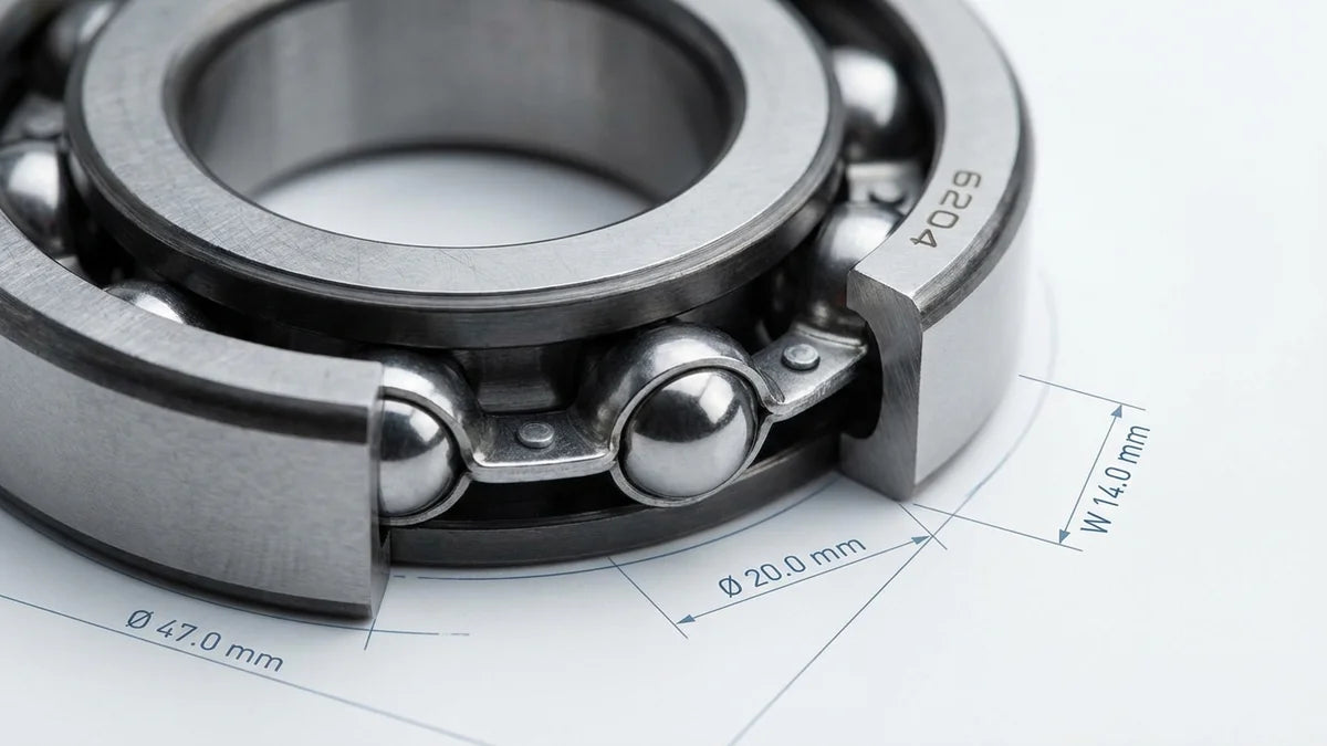 Roulement 6204 en coupe avec billes acier et annotations dimensionnelles