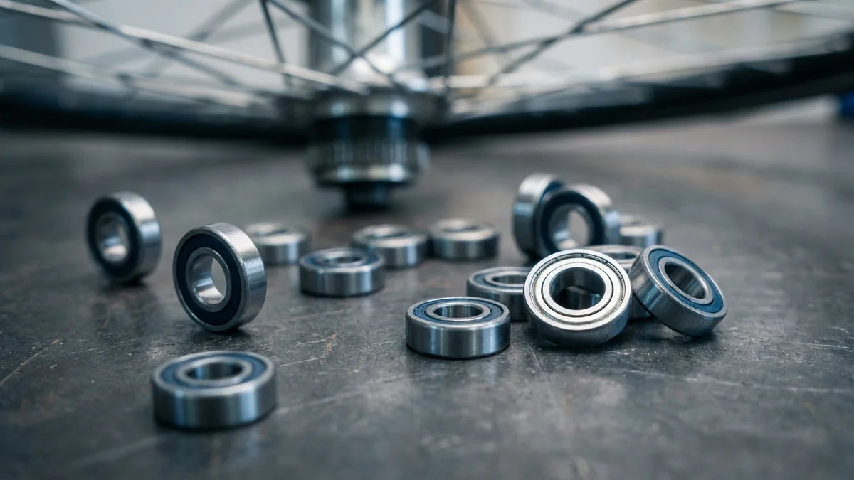 Roulements à billes de vélo en gros plan sur surface métallique avec moyeu de roue