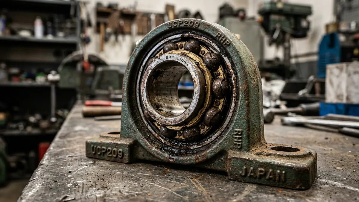 Roulement de palier usé avec traces d'usure et corrosion, détail macro du mécanisme industriel