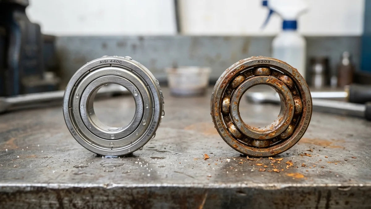 Comparaison roulements inox et acier : corrosion et contraste matériaux en atelier professionnel