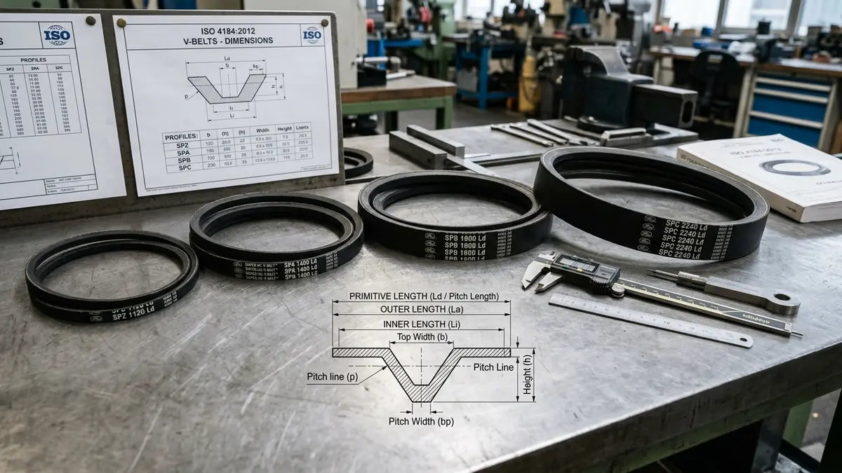 Courroies trapézoïdales SPZ SPA SPB SPC avec outils de mesure et dimensions techniques détaillées